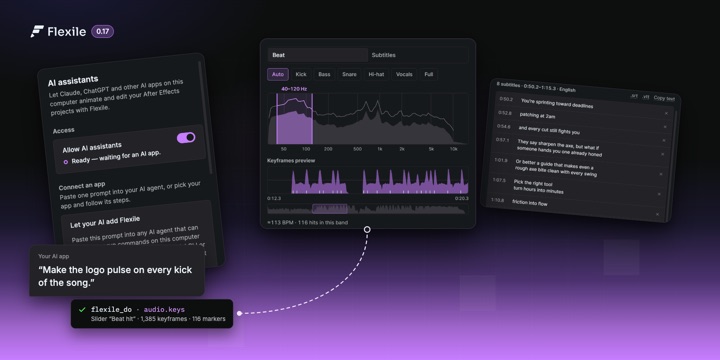 The Flexile panel in After Effects: the new AI page, the Audio page finding the beat of a song, and the subtitle review list. A request from an AI app becomes 1,385 beat keyframes.