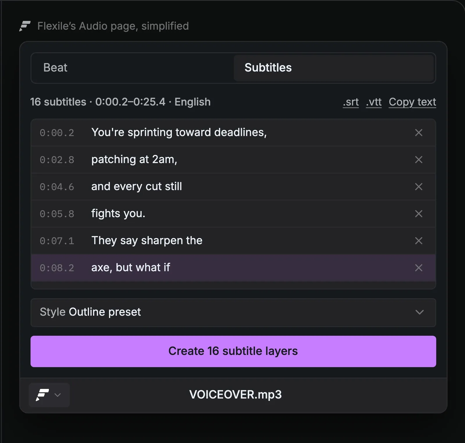 Illustration, simplified from the Subtitles page of Flexile’s Audio panel: 16 timed subtitles in the review list, each with a remove button, .srt and .vtt export, the Outline style preset and Create 16 subtitle layers.
