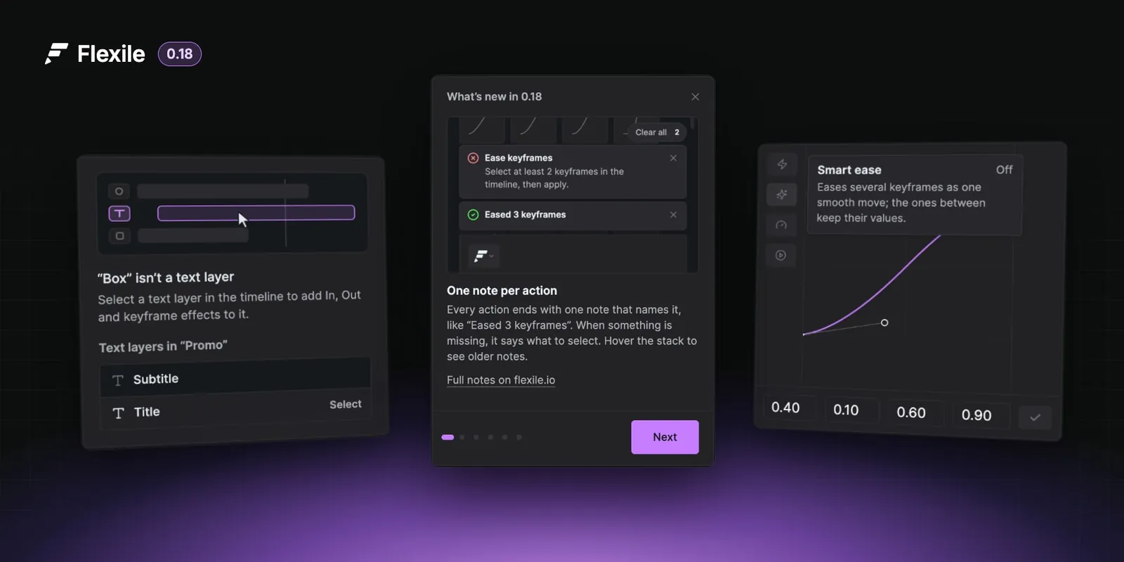 The Flexile panel in After Effects: the Text page saying “Box” isn’t a text layer and listing the comp’s text layers, the What’s new dialog after the update, and the Smart ease tooltip on the curve toolbar.
